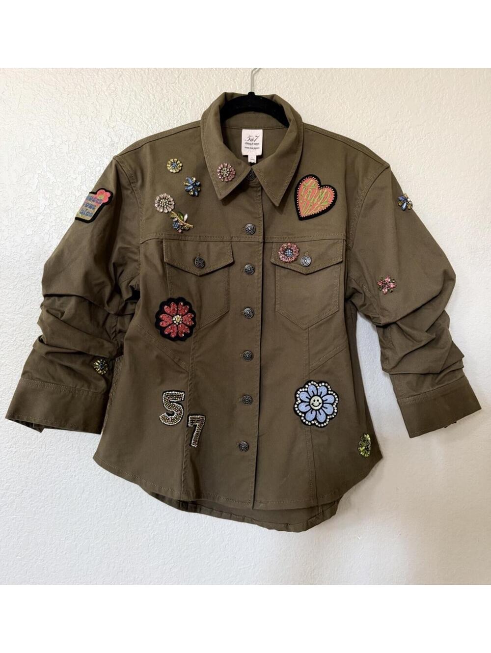 New Cinq à Sept RETRO LOVE PATCHES SCRUNCHED CANYON JACKET In Olive Sz L $595 - Picture 6 of 14
